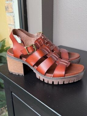 MIA Cognac Leather Strappy Block Heel Sandals